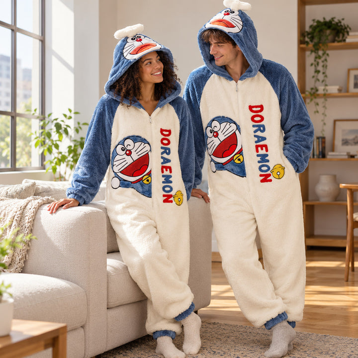 Couple portant la combinaison pyjama adulte bleu et blanc dans un salon lumineux