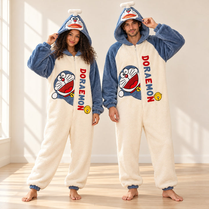 Combinaisons pyjama couple adulte vues de face en entier sur deux modèles