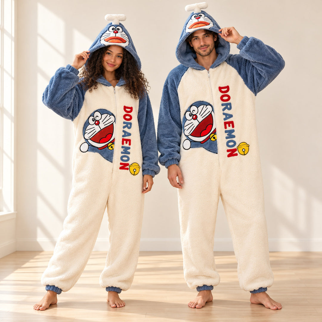 Combinaisons pyjama couple adulte vues de face en entier sur deux modèles