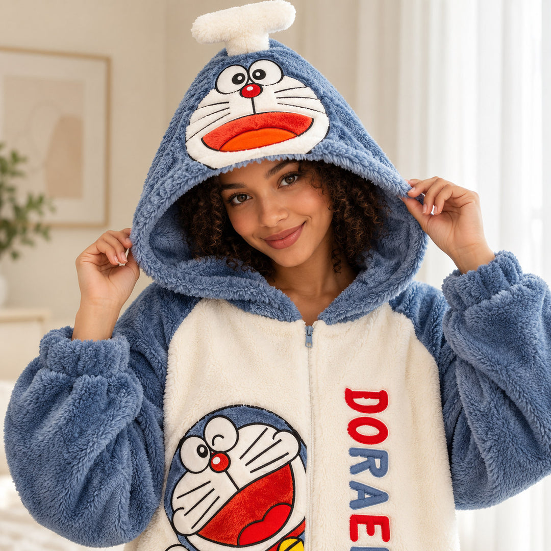 Femme portant la combinaison pyjama couple adulte, détail de la capuche et du buste