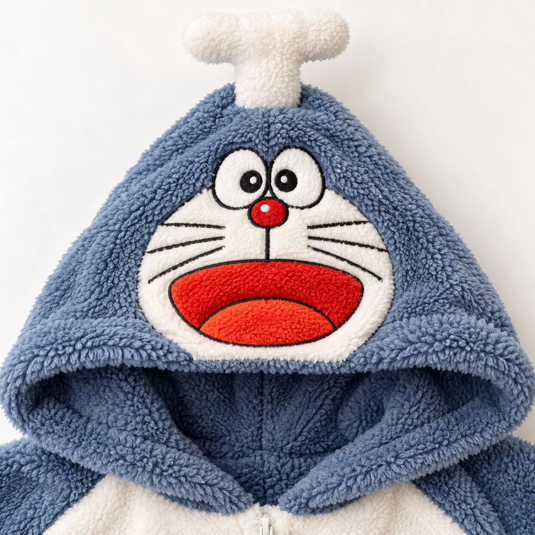 Gros plan de la capuche du pyjama couple adulte, visage de chat et hélice blanche