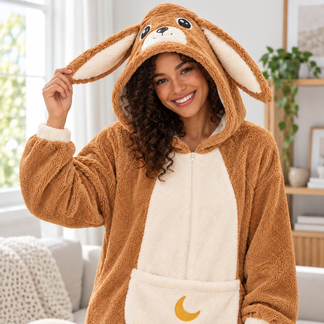 Femme portant la combinaison caramel à capuche et grandes oreilles, plan rapproché taille
