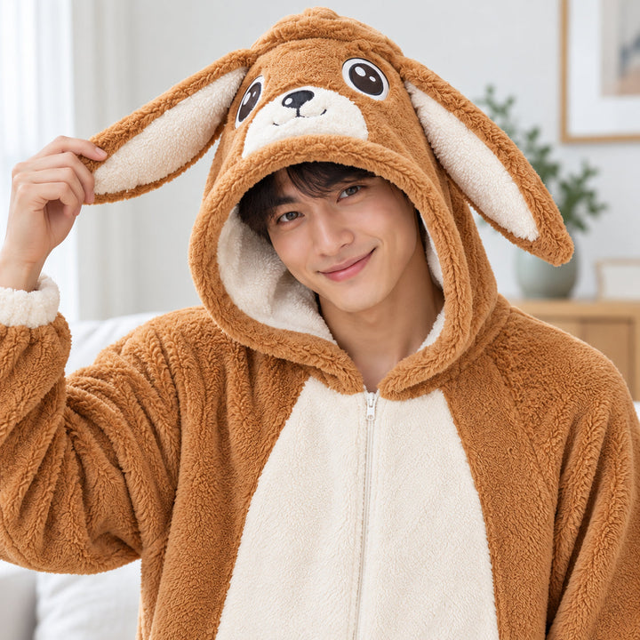 Homme portant le pyjama caramel à capuche et longues oreilles, plan poitrine