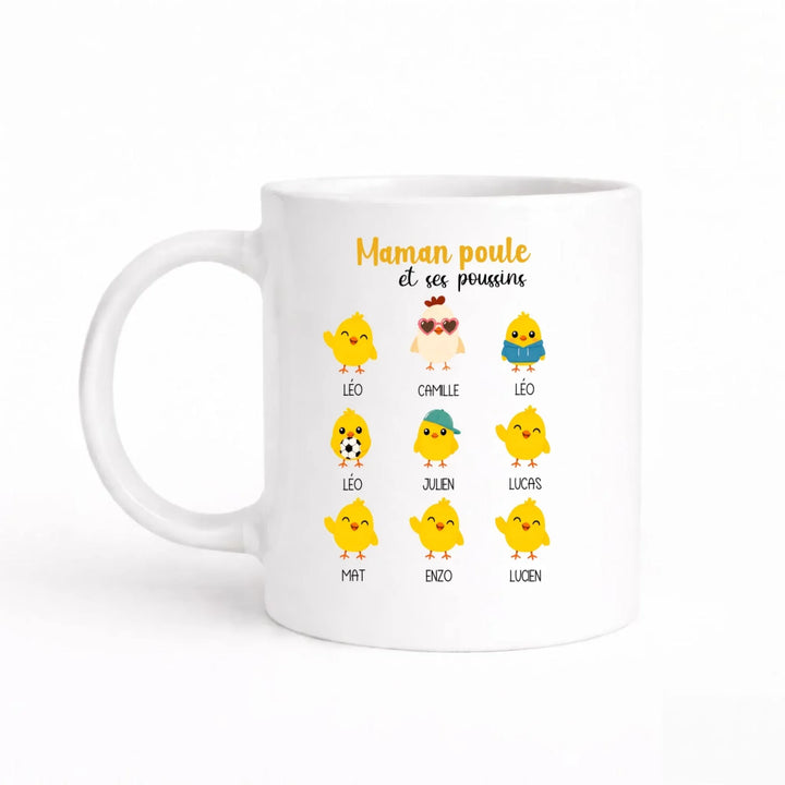 Tasse cadeau maman poule avec prénoms des enfants