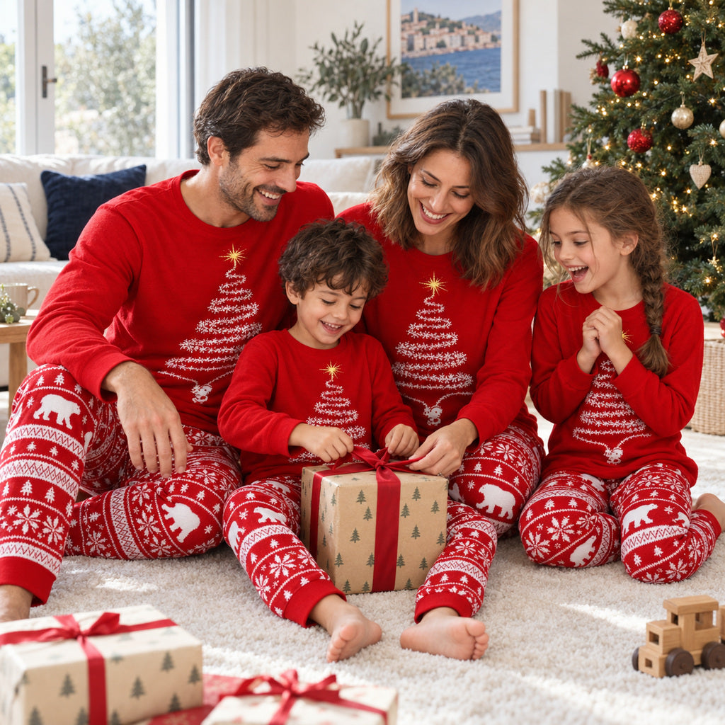 Famille en pyjamas de Noël assortis ouvrant un cadeau