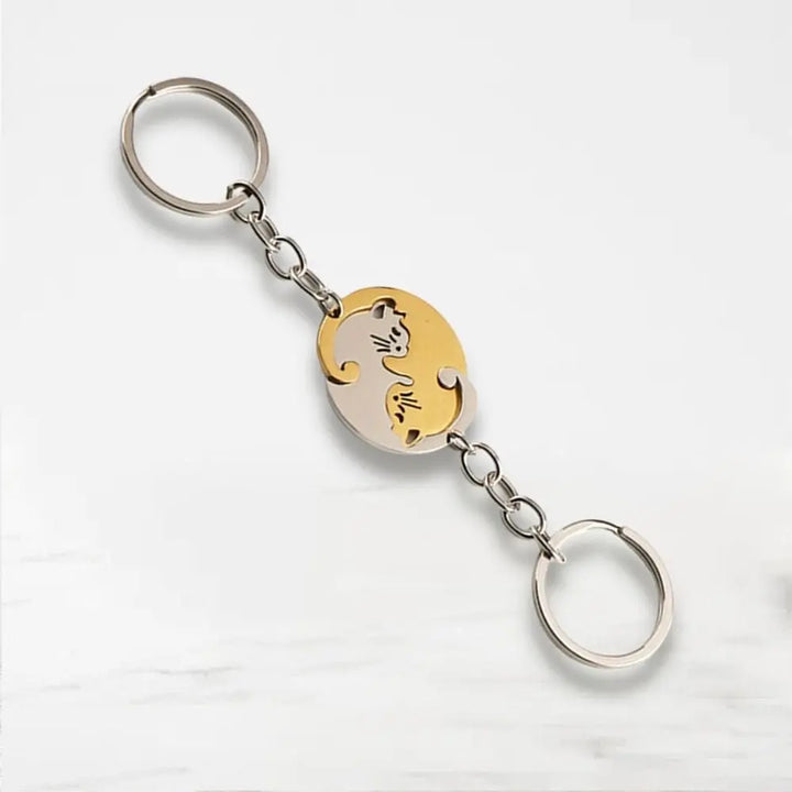 Porte Clé Couple Chat Doré-Rond