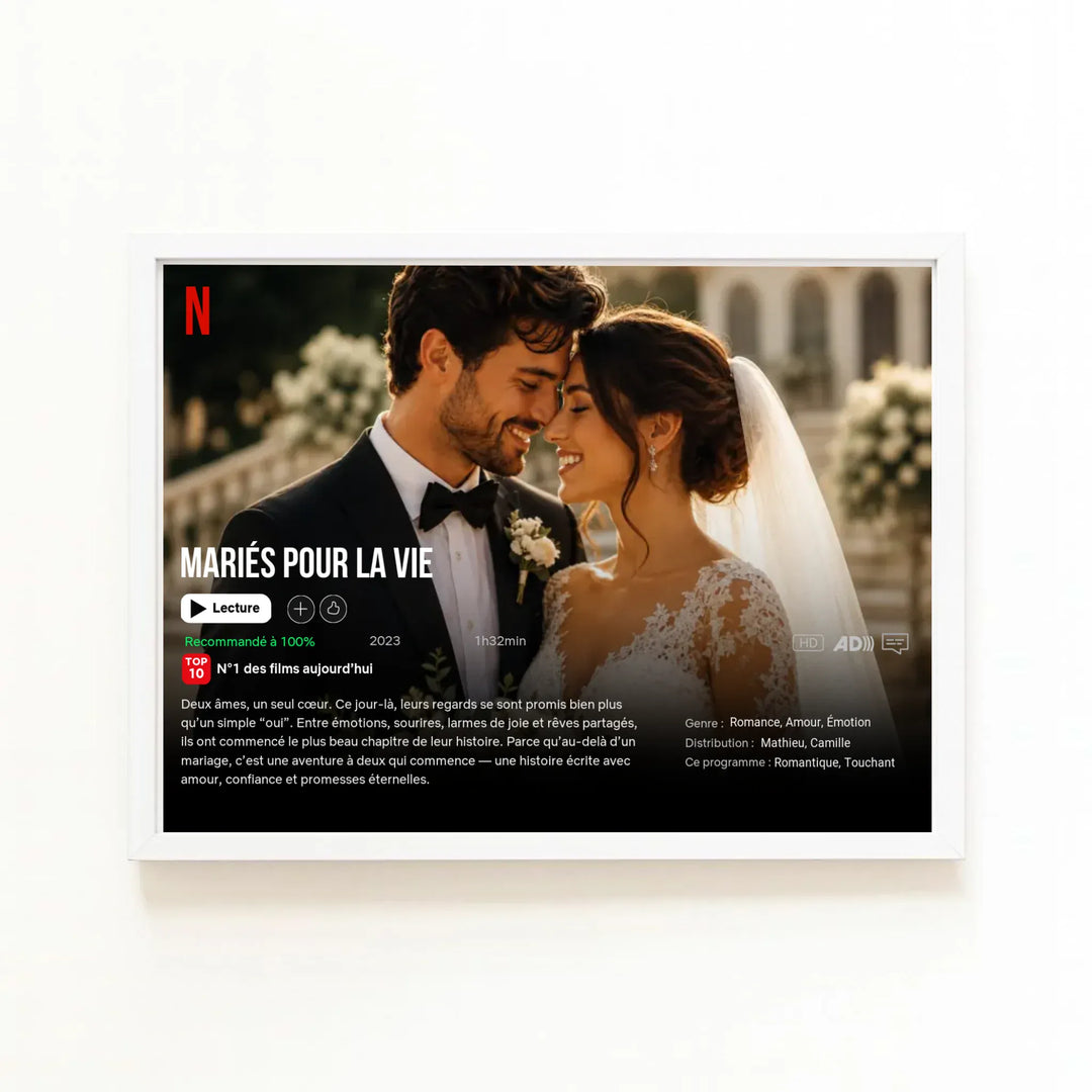 Poster Netflix personnalisé - Notre Mariage Horizontal / Bois Blanc / A4 21x29.7 cm