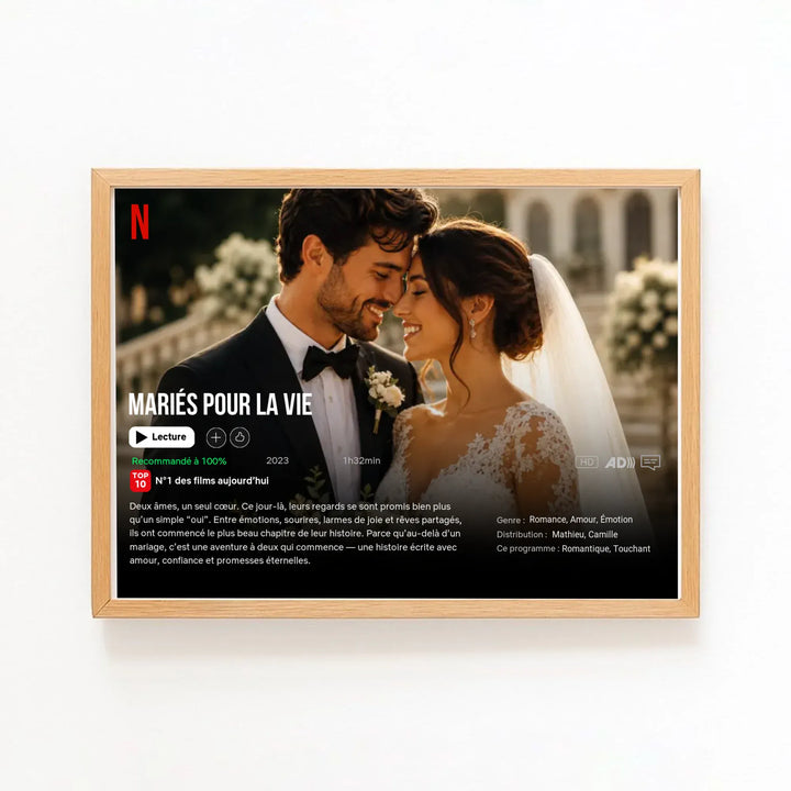 Poster Netflix personnalisé - Notre Mariage Horizontal / Bois Naturel / A4 21x29.7 cm