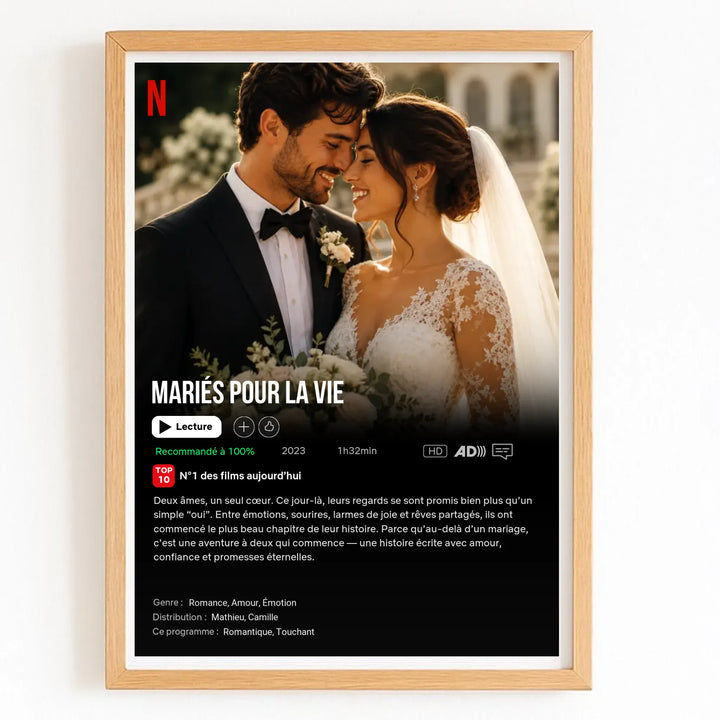 Poster Netflix personnalisé - Notre Mariage Vertical / Bois Naturel / A4 21x29.7 cm