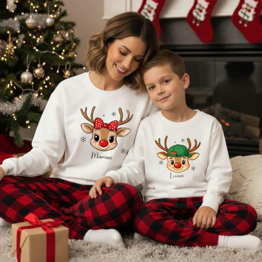 Sweat-shirt Assorti Famille Noël - Imprimé Renne - Parent-enfant - Noir/Rouge - Taille Père, Mère, Enfant - 8