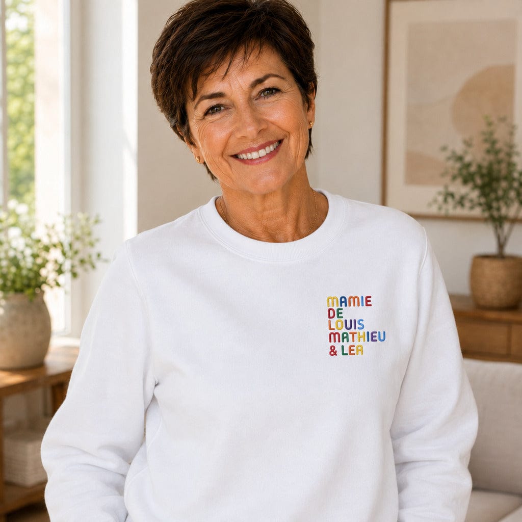 Pull personnalisé Mamie - Prénoms multicolore brodé