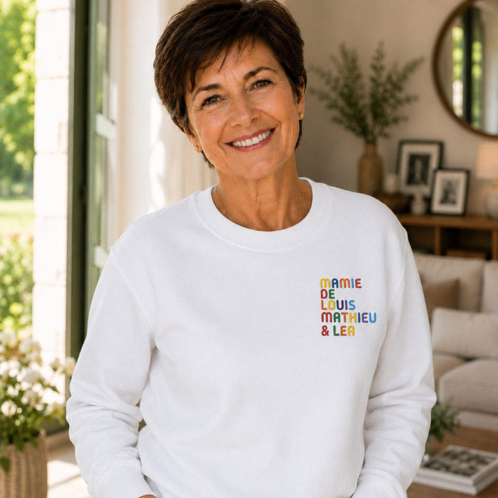 Pull personnalisé Mamie - Prénoms multicolore brodé