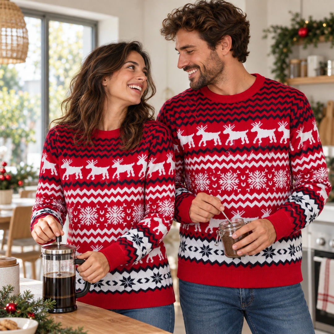 Couple portant le Pull Noël Couple Assorti rouge