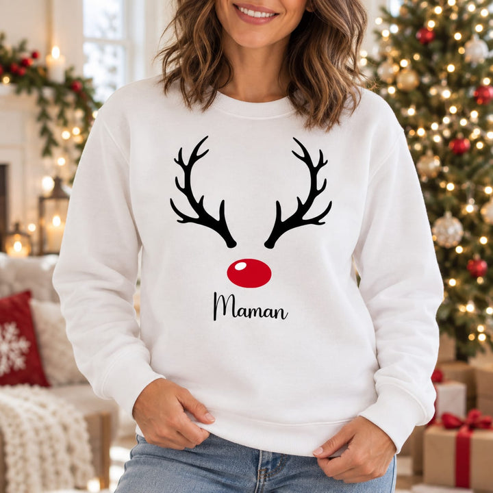 Personalisierter Familien-Weihnachtspullover mit Geweih und roter Nase