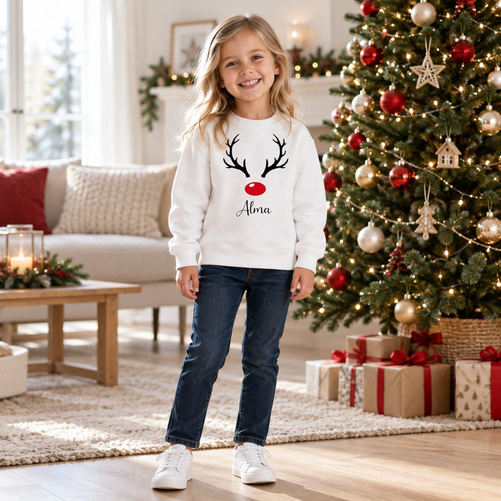 Personalisierter Familien-Weihnachtspullover mit Geweih und roter Nase