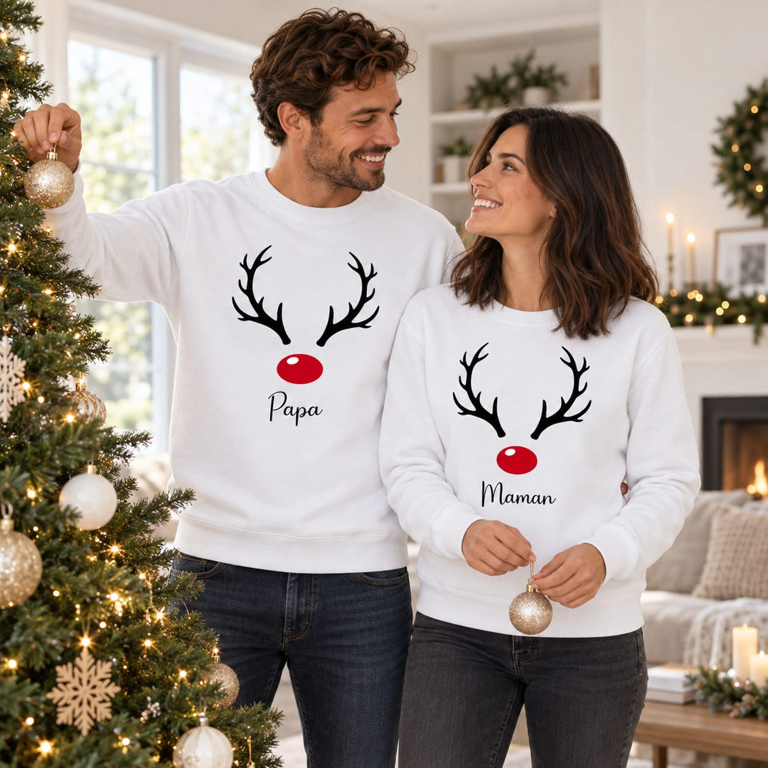 Personalisierter Familien-Weihnachtspullover mit Geweih und roter Nase