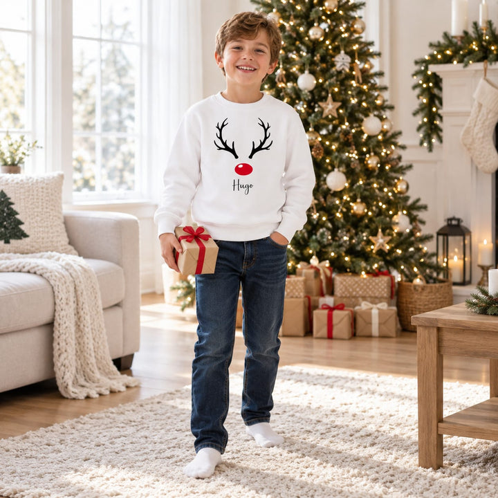 Personalisierter Familien-Weihnachtspullover mit Geweih und roter Nase