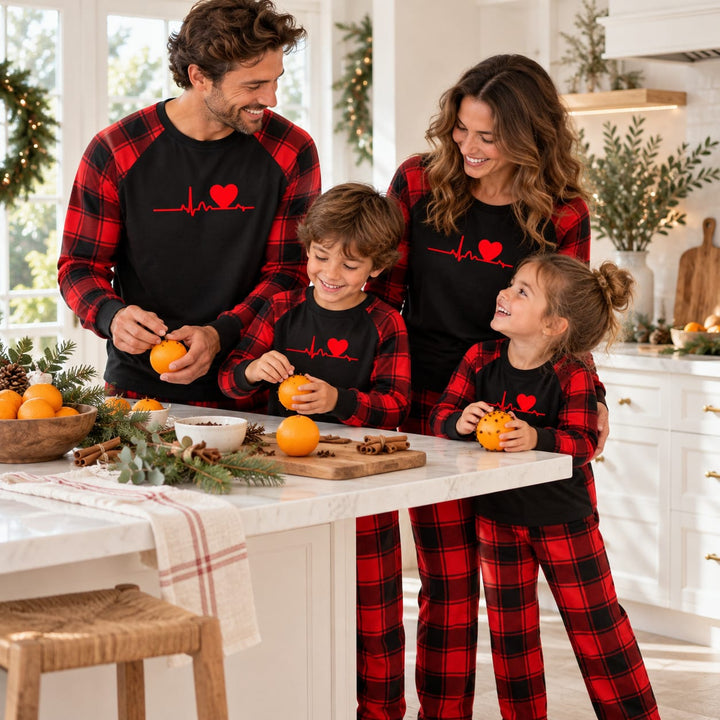 Familienpyjama mit Herz und Karomuster