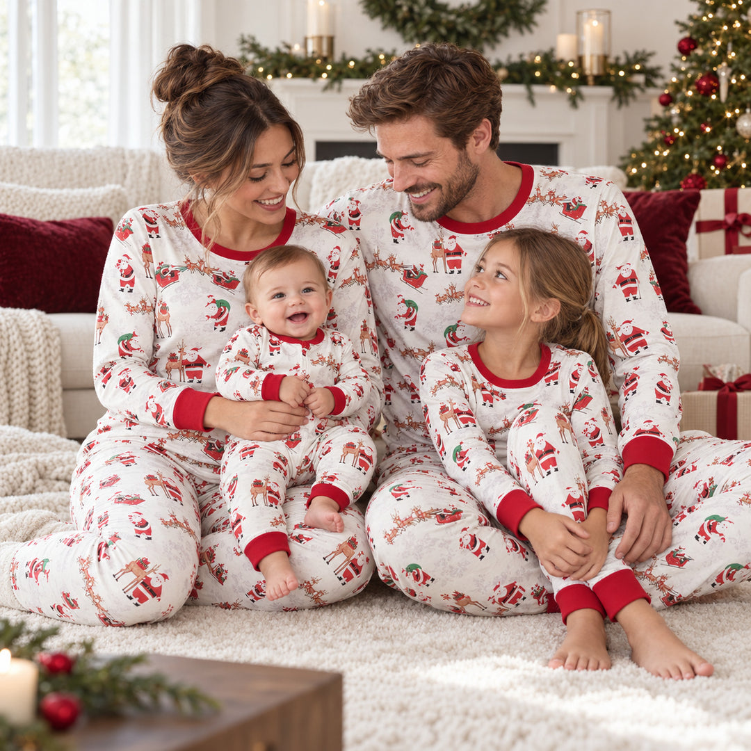 Famille en pyjamas de Noël coordonnés avec bébé