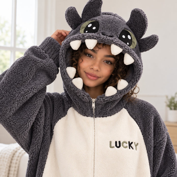 Pyjama Couple Chaud porté par une femme, gros plan sur la capuche à dents et la broderie LUCKY