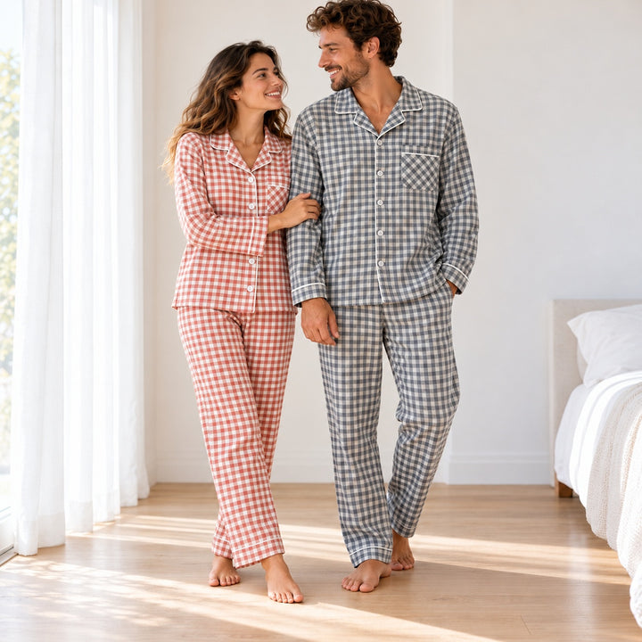 Couple portant les pyjamas à carreaux corail et gris, en entier.