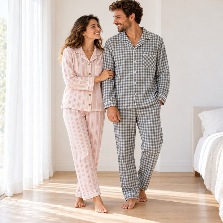 Pyjama couple été corail et gris porté par un couple – 100% coton
