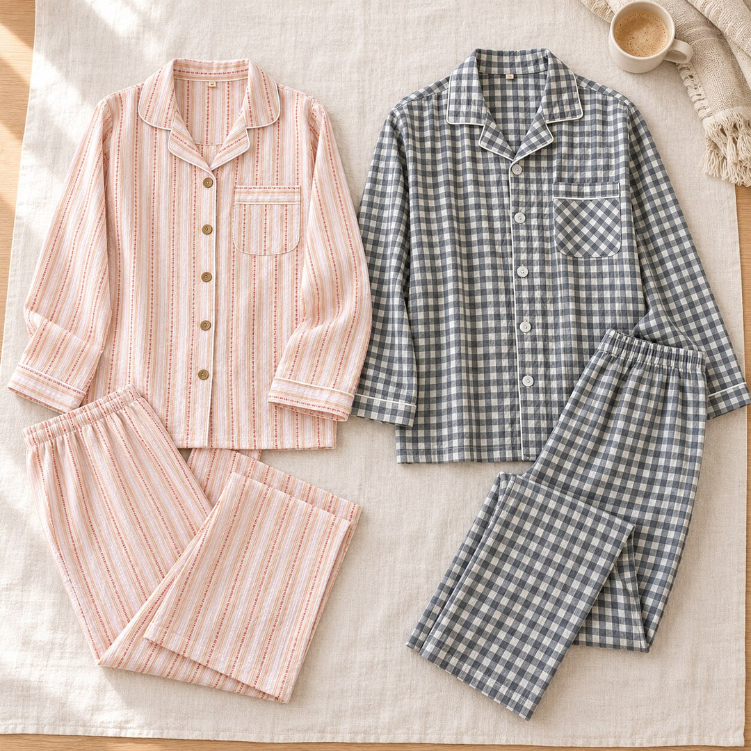 Pyjamas couple été en coton rose et gris présentés en flatlay