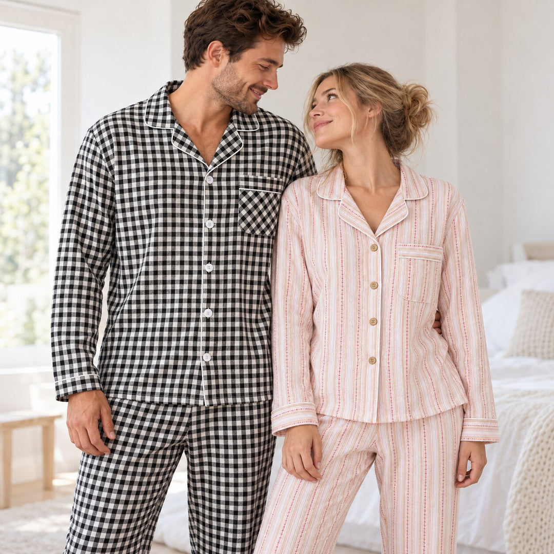 Pyjama couple été rose et noir porté par un couple – 100% coton