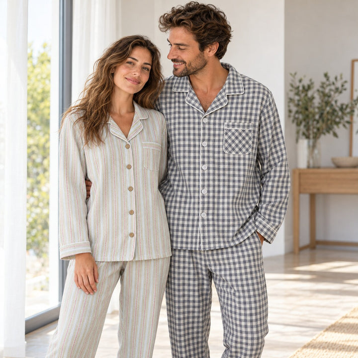 Pyjama couple été vert et gris – détails du col et de la poche