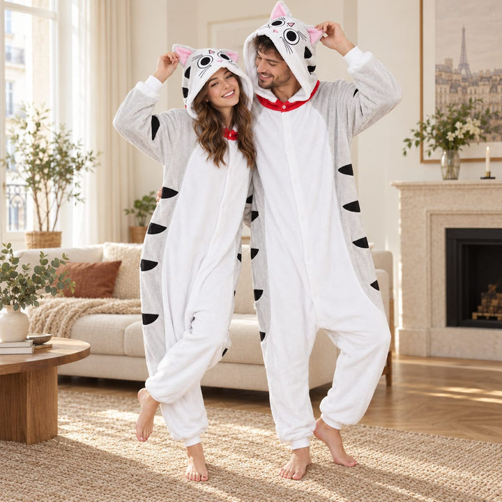 Partner-Onesie im grauen Katzen-Look – Grau / Erwachsene – S (145–155 cm)