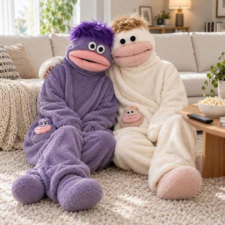 Partner-Pyjama als farbiger Figuren-Einteiler