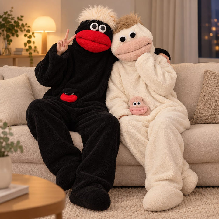 Partner-Pyjama als farbiger Figuren-Einteiler