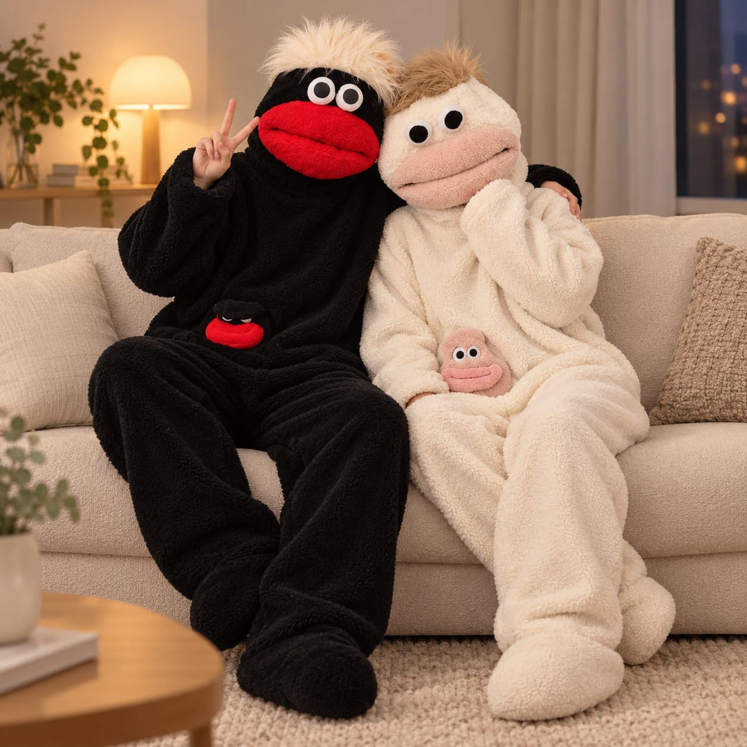 Partner-Pyjama als farbiger Figuren-Einteiler