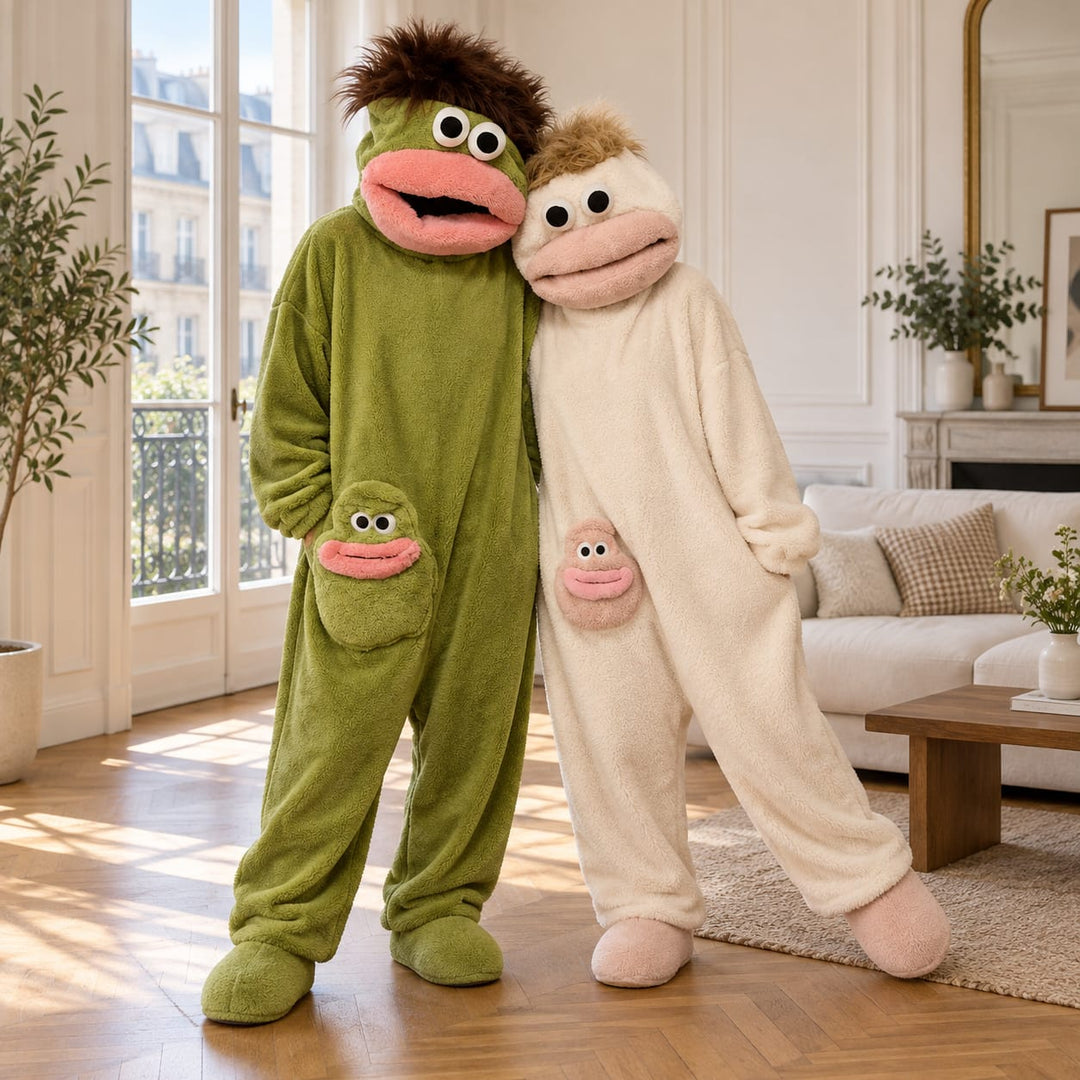 Partner-Pyjama als farbiger Figuren-Einteiler