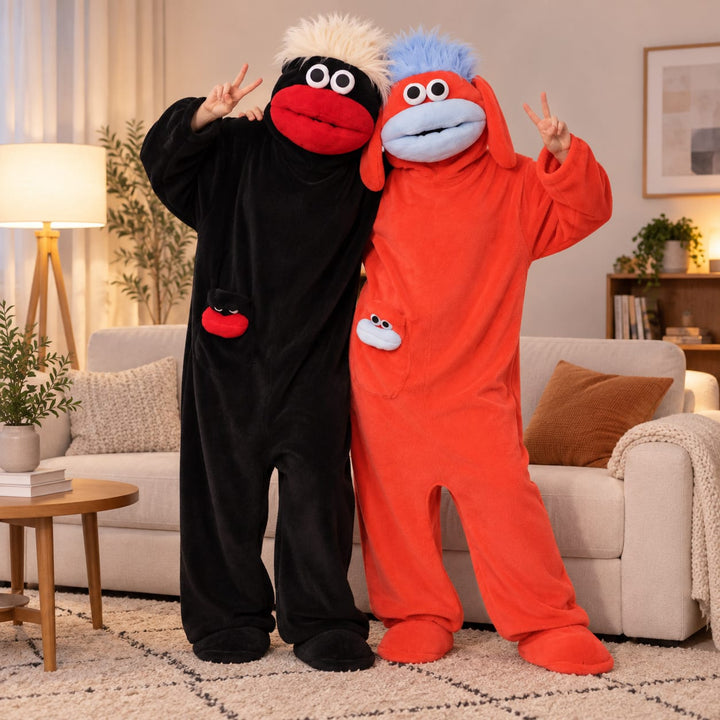Partner-Pyjama als farbiger Figuren-Einteiler