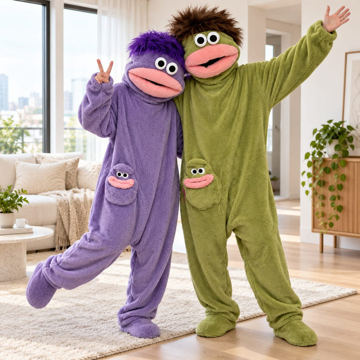Partner-Pyjama als farbiger Figuren-Einteiler