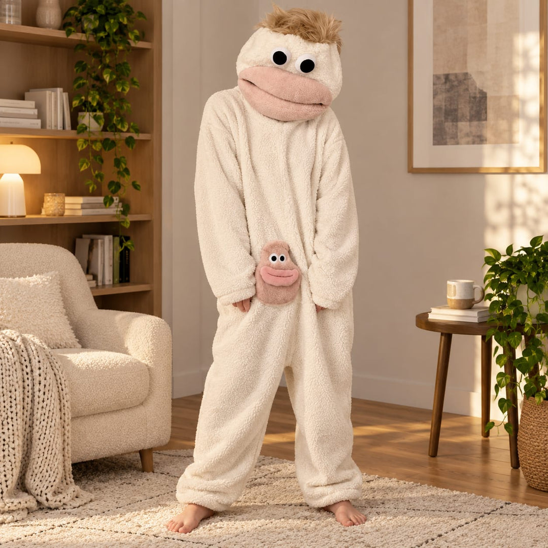 Partner-Pyjama als farbiger Figuren-Einteiler – Beige / Erwachsene – S