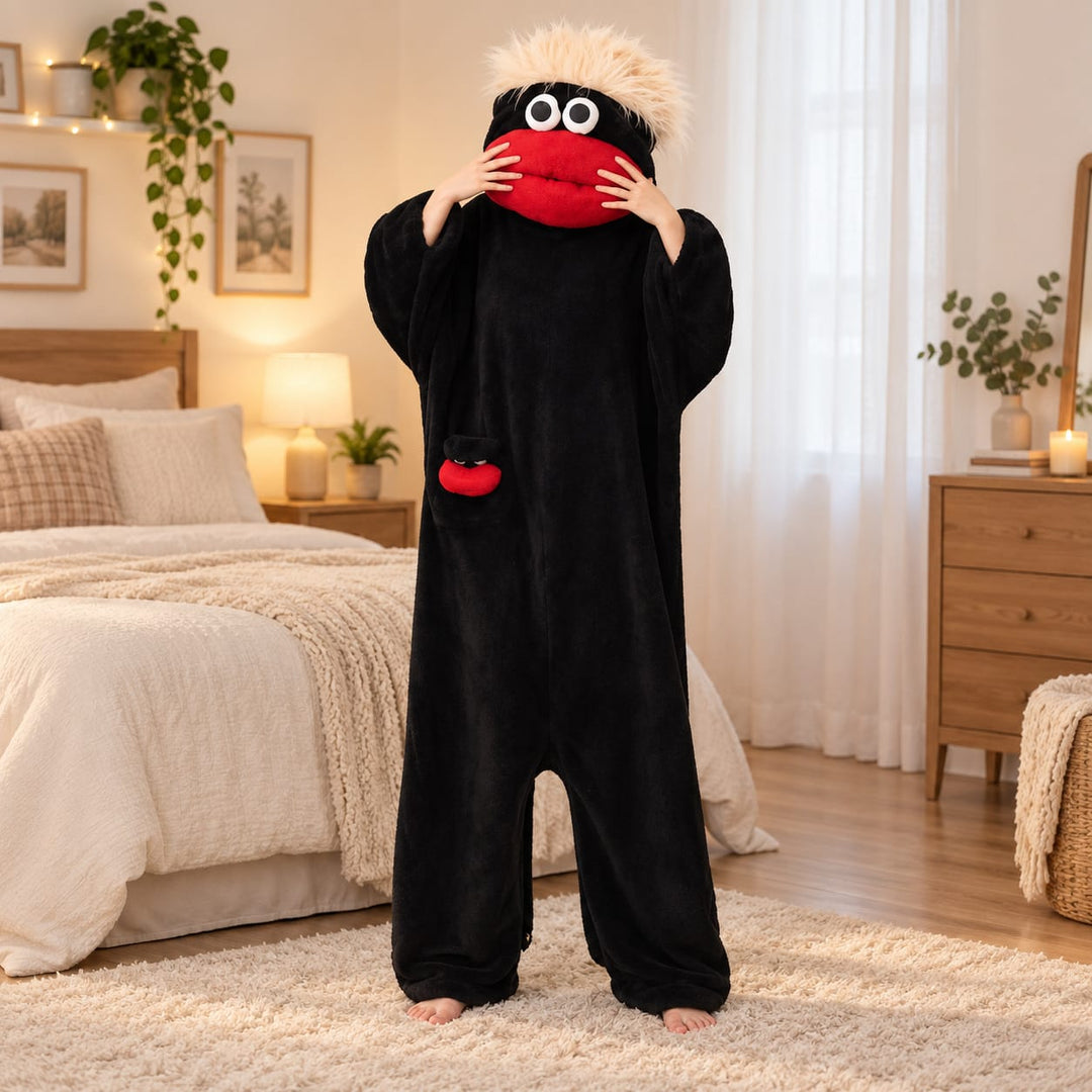 Partner-Pyjama als farbiger Figuren-Einteiler – Schwarz / Erwachsene – S
