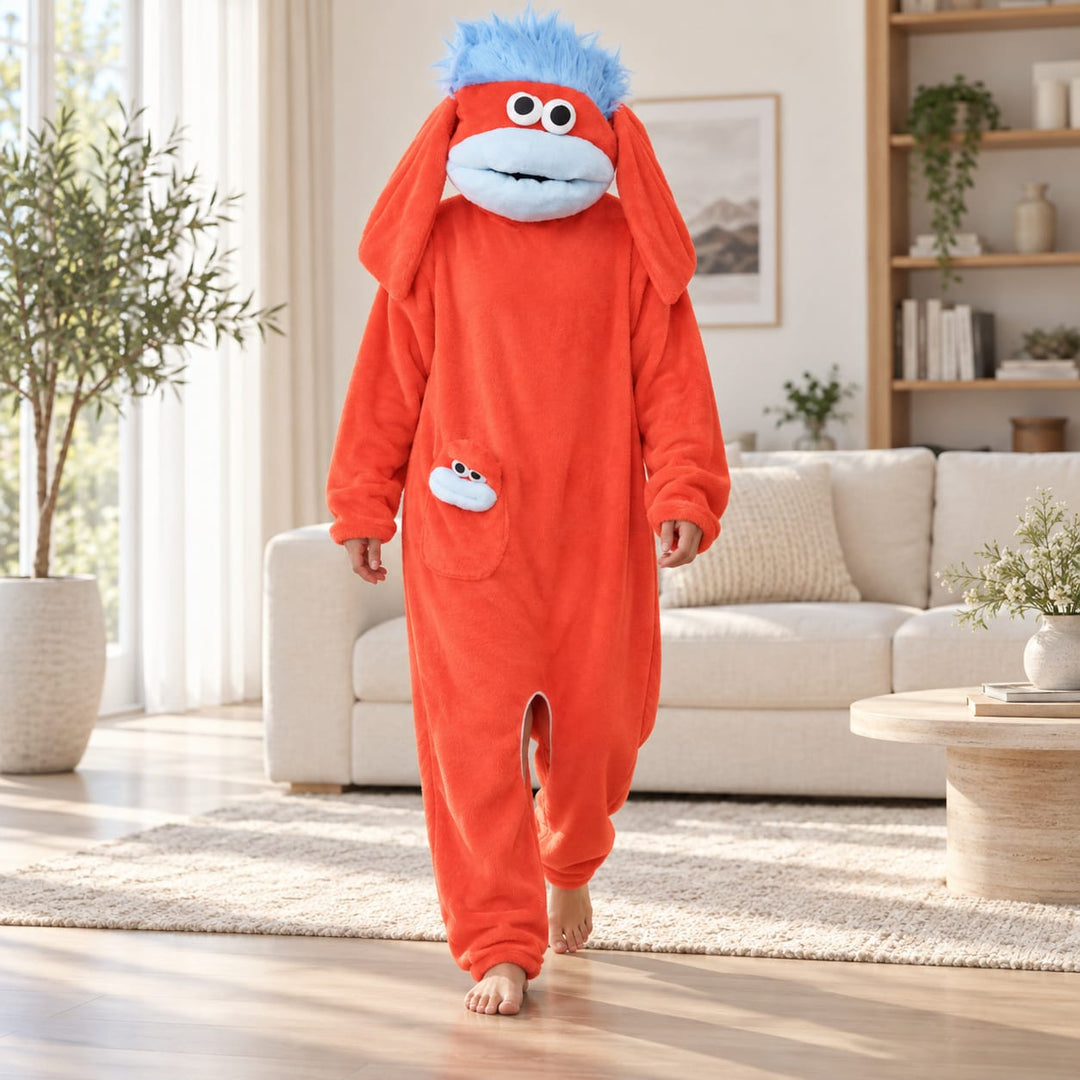 Partner-Pyjama als farbiger Figuren-Einteiler – Orange / Erwachsene – S