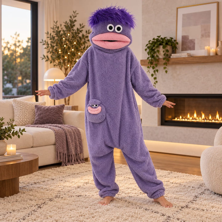Partner-Pyjama als farbiger Figuren-Einteiler – Violett / Erwachsene – S