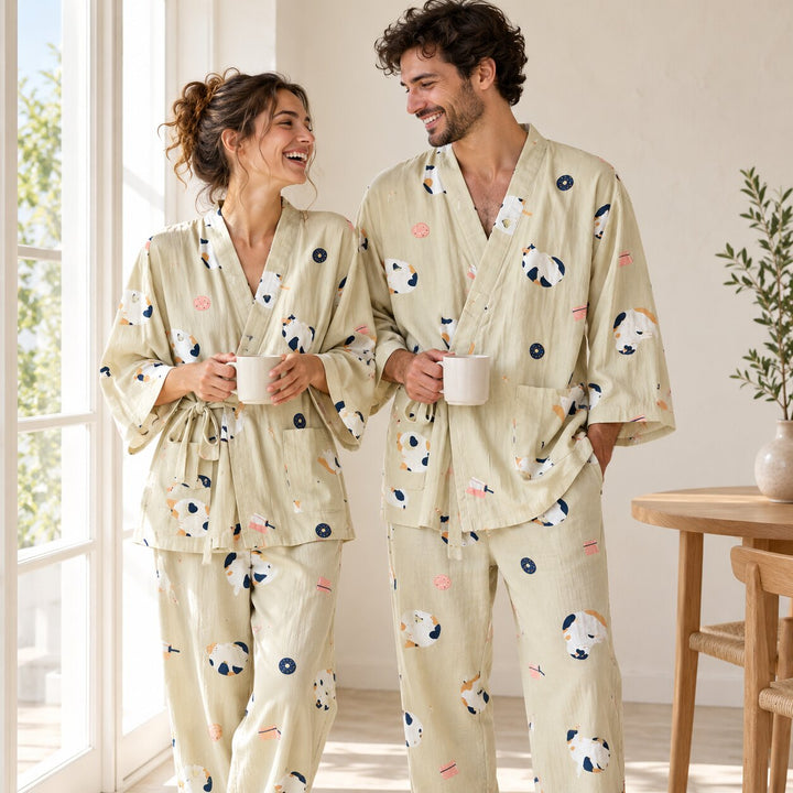 Paar in khakifarbenen Kimono-Pyjamas aus Baumwolle mit Katzenmotiv