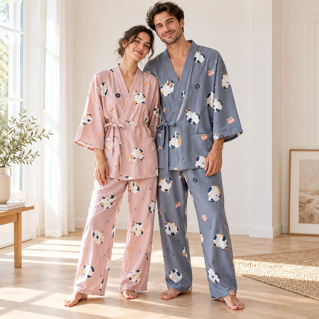 Partner-Pyjama im Kimono-Stil in Rosa und Dunkelblau mit Katzenmotiv