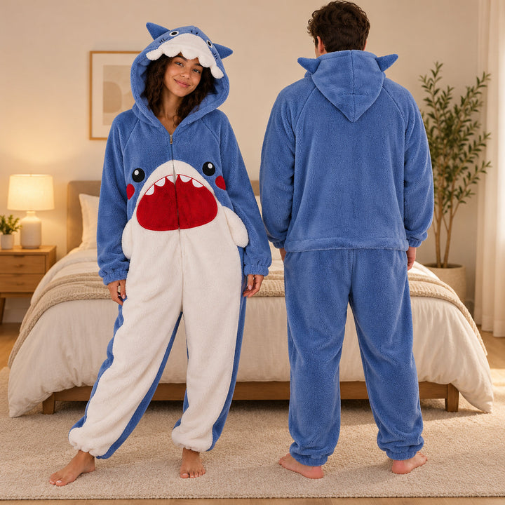 Combinaisons requin bleu portées en entier, vue de face femme et dos homme
