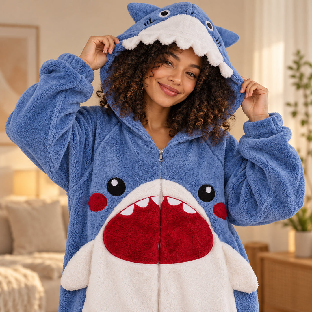 Femme portant la combinaison requin bleu, plan rapproché taille