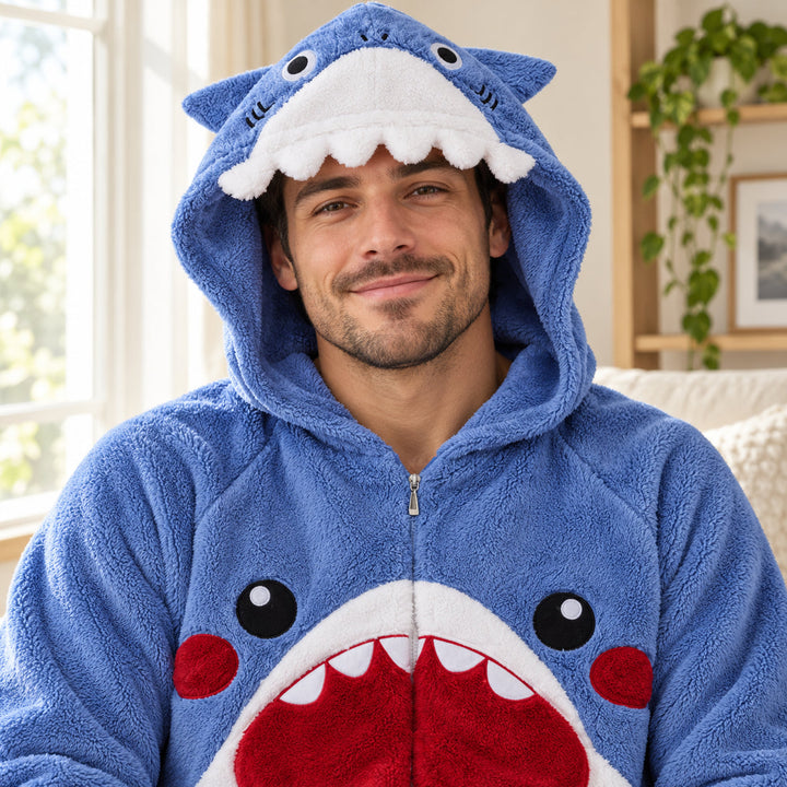 Homme en combinaison requin bleu, plan poitrine avec capuche