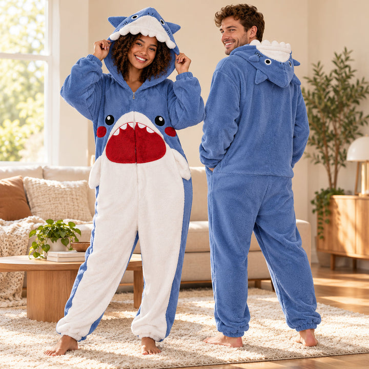 Pyjama couple mignon requin bleu, femme de face et homme de dos