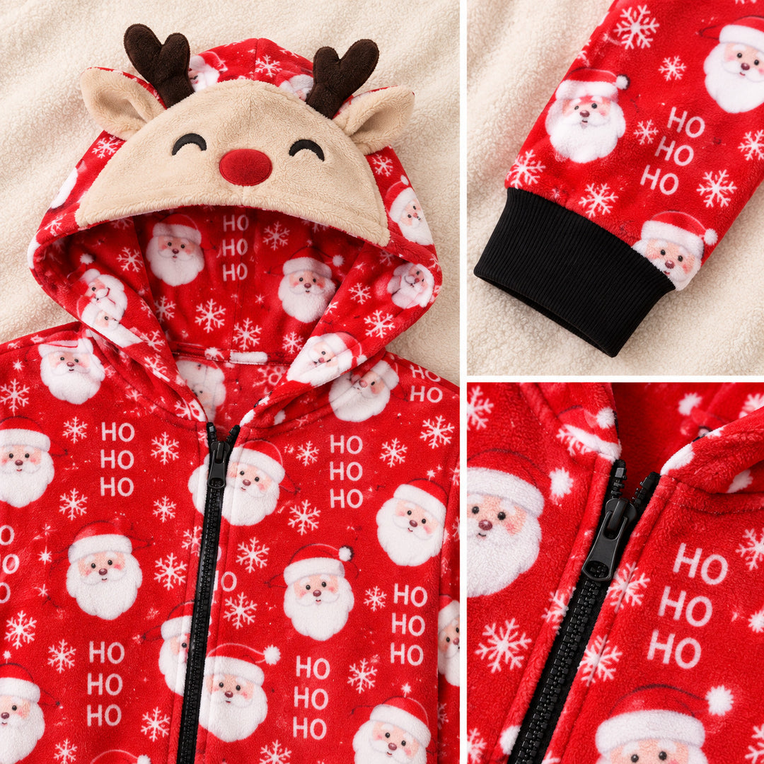Détails du pyjama de Noël rouge avec capuche, fermeture et poignets noirs