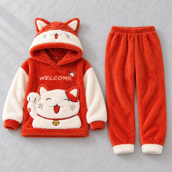 Ensemble pyjama couple original chat rouge à plat, haut à capuche et pantalon avec finitions crème