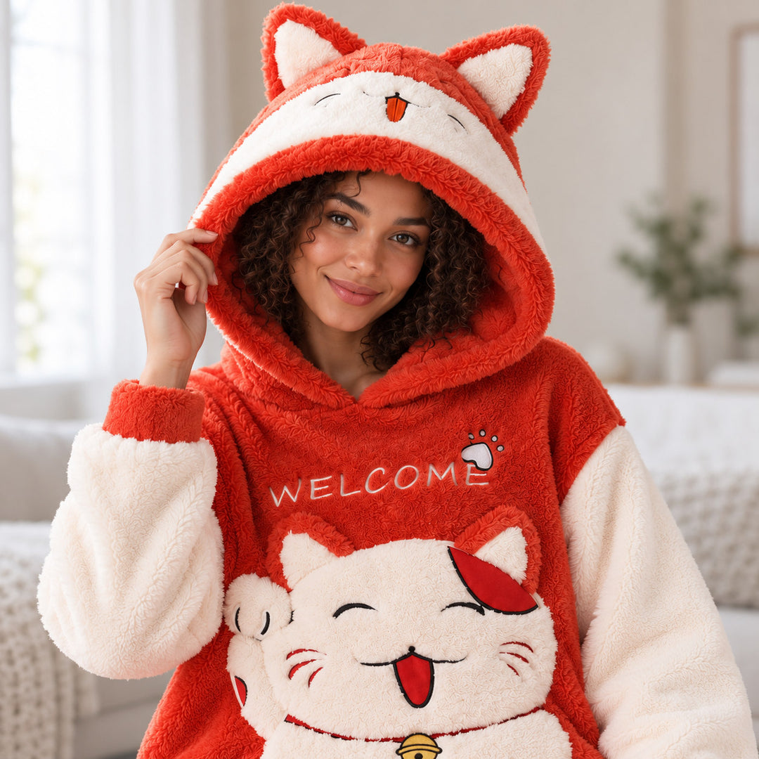 Femme métisse portant le pyjama couple original chat rouge, plan poitrine, capuche à oreilles et motif sur le haut