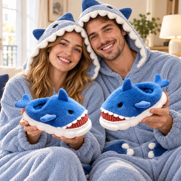 Hai-Onesie für Erwachsene mit separaten Hausschuhen